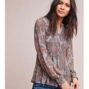 Anthropologie Akemi+Kin Boho Smocked Peasant Festival Long Sleeve Blouse XS EUC